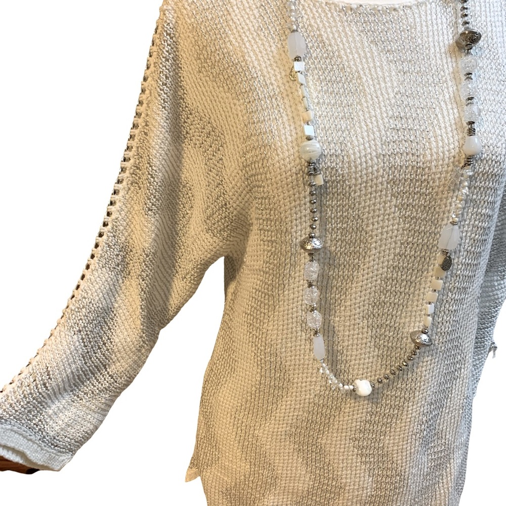 Chicos Sweater Tunic Shimmer 3/4 Sleeve White Silver Chain Detail Women’s Small